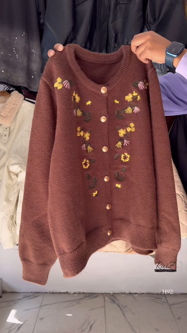 Floral Embroidered Knit Cardigan with Gold Buttons 🧥 Available in Red, Black, Lavender, Mustard & Rose Pink - Image 4