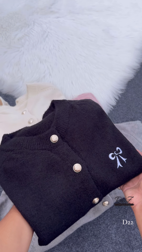 Bow-Embroidered Pearl Button Cardigans 🧥🎀 – Soft Knit Layers in Cream, Black, Pink & Gray Variants - Image 6