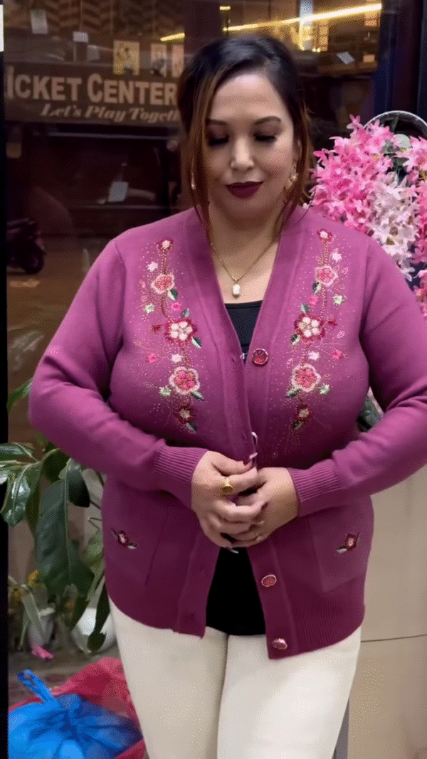 Floral Embroidered Knit Cardigans 🌸🧥 – Beige, Maroon & Purple Variants with Button-Up Front & Pocket Detailing - Image 7