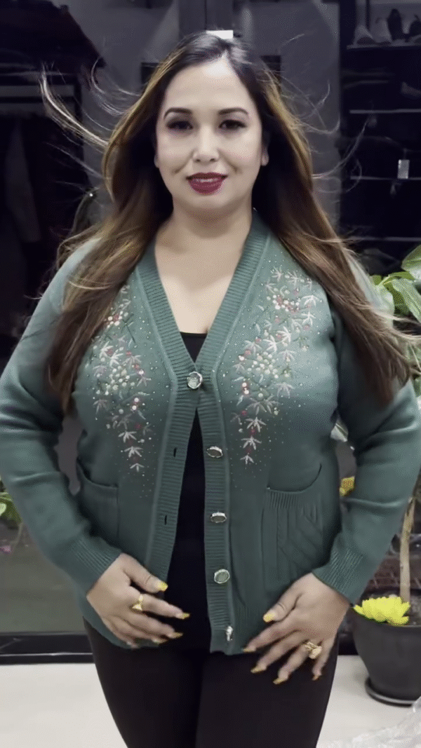 Floral V-Neck Knit Cardigans 🌸🧥 – Purple, Black & Beige Variants with Button Closure & Boutique Styling - Image 6